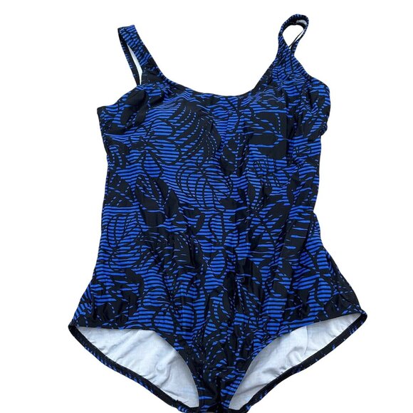 Lands End Tank Suit Women 16 Blue Black Floral Stripe Tropical 1pc Swimsuit - Picture 1 of 10